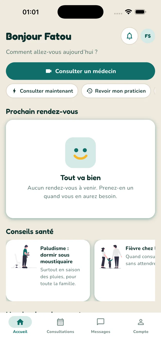 Écran d’accueil de Laafia : bouton « Consulter un médecin », prochain rendez-vous et conseils santé