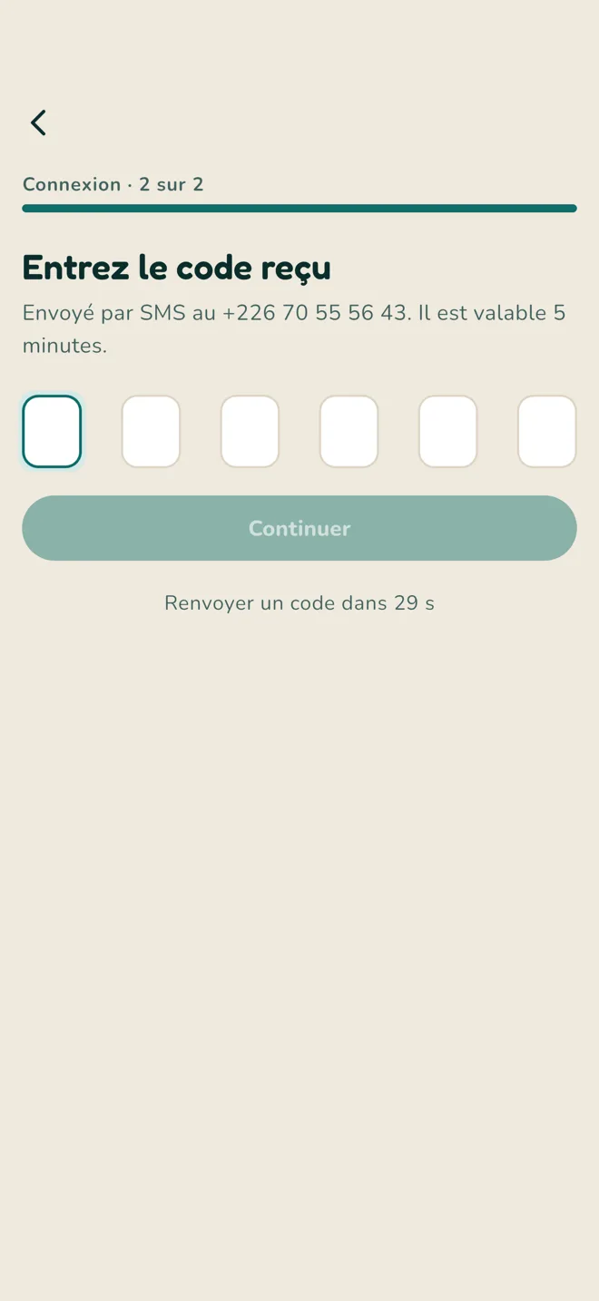 Saisie du code de vérification à six chiffres reçu par message
