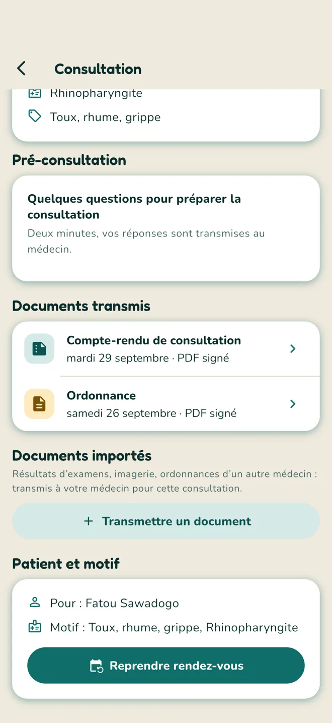 Détail d’une consultation : documents transmis par le médecin et documents importés par le patient