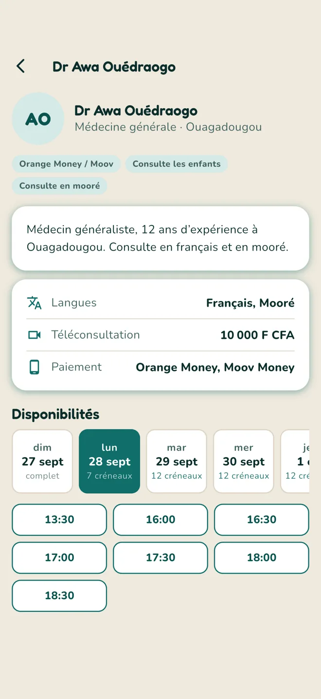 Fiche d’un médecin : spécialité, langues, tarif de la téléconsultation et créneaux disponibles