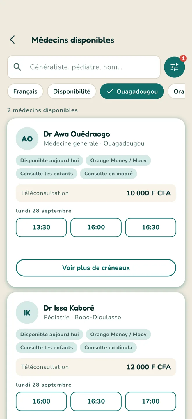 Médecins disponibles, avec filtres, tarifs et prochains créneaux
