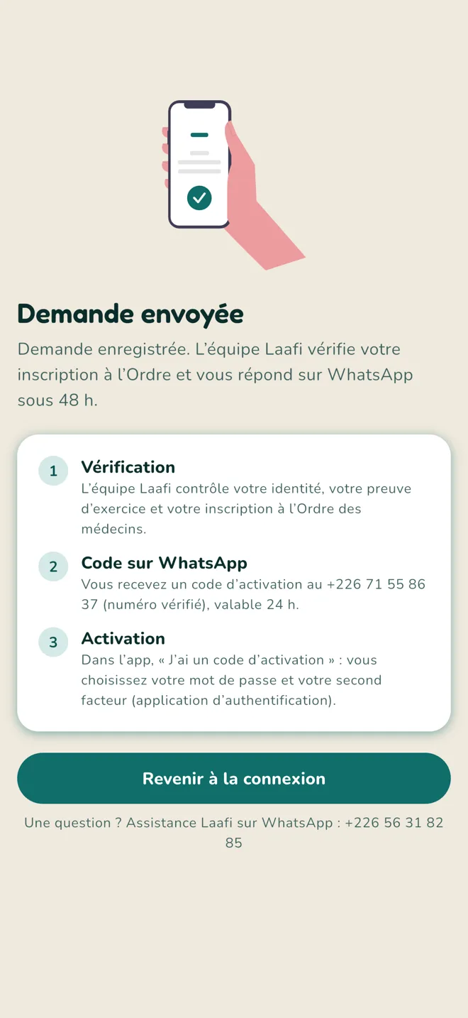 Demande d’accès envoyée : vérification, code sur WhatsApp, activation