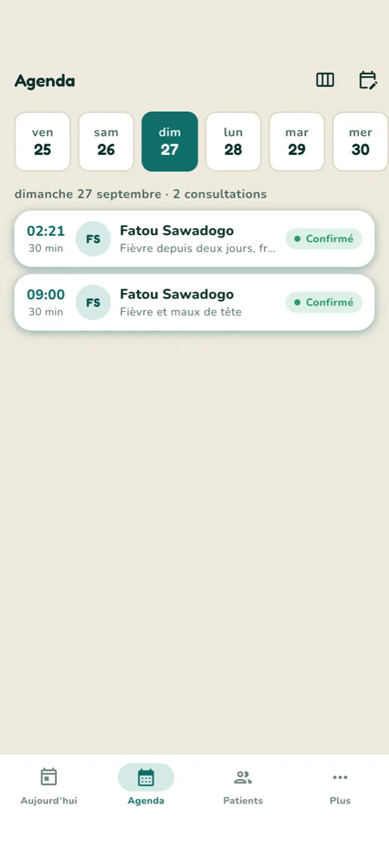 Agenda du jour dans Laafia Pro : rendez-vous confirmés et en attente