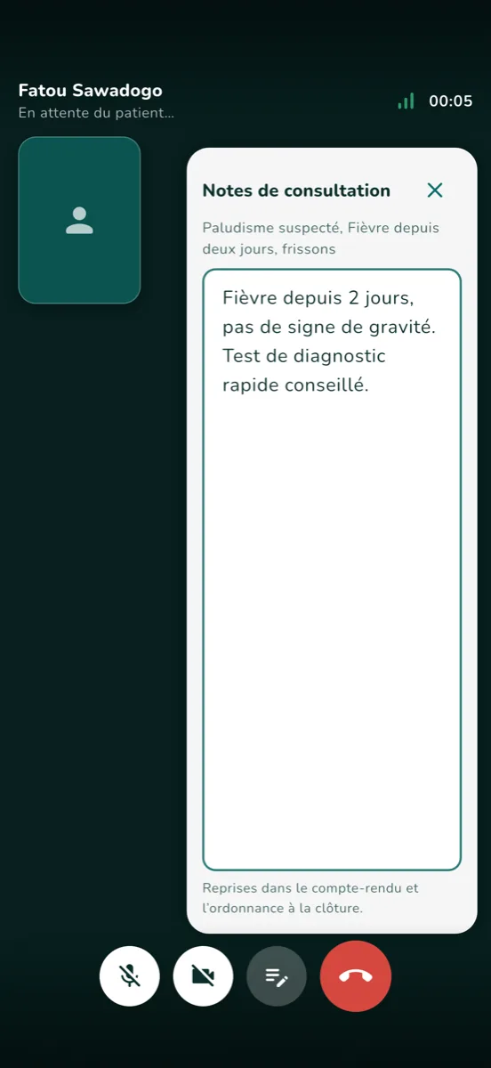 Consultation vidéo dans Laafia Pro, avec le panneau de notes ouvert