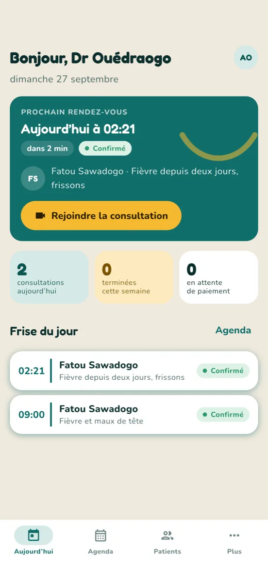 Écran « Aujourd’hui » de Laafia Pro : prochain rendez-vous, bouton « Rejoindre la consultation » et frise du jour