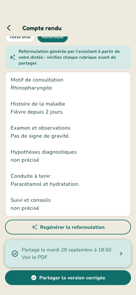 Compte rendu reformulé à partir de la dictée du médecin, prêt à être partagé
