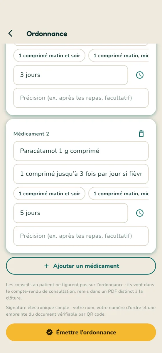 Rédaction d’une ordonnance : médicaments, posologies et durées